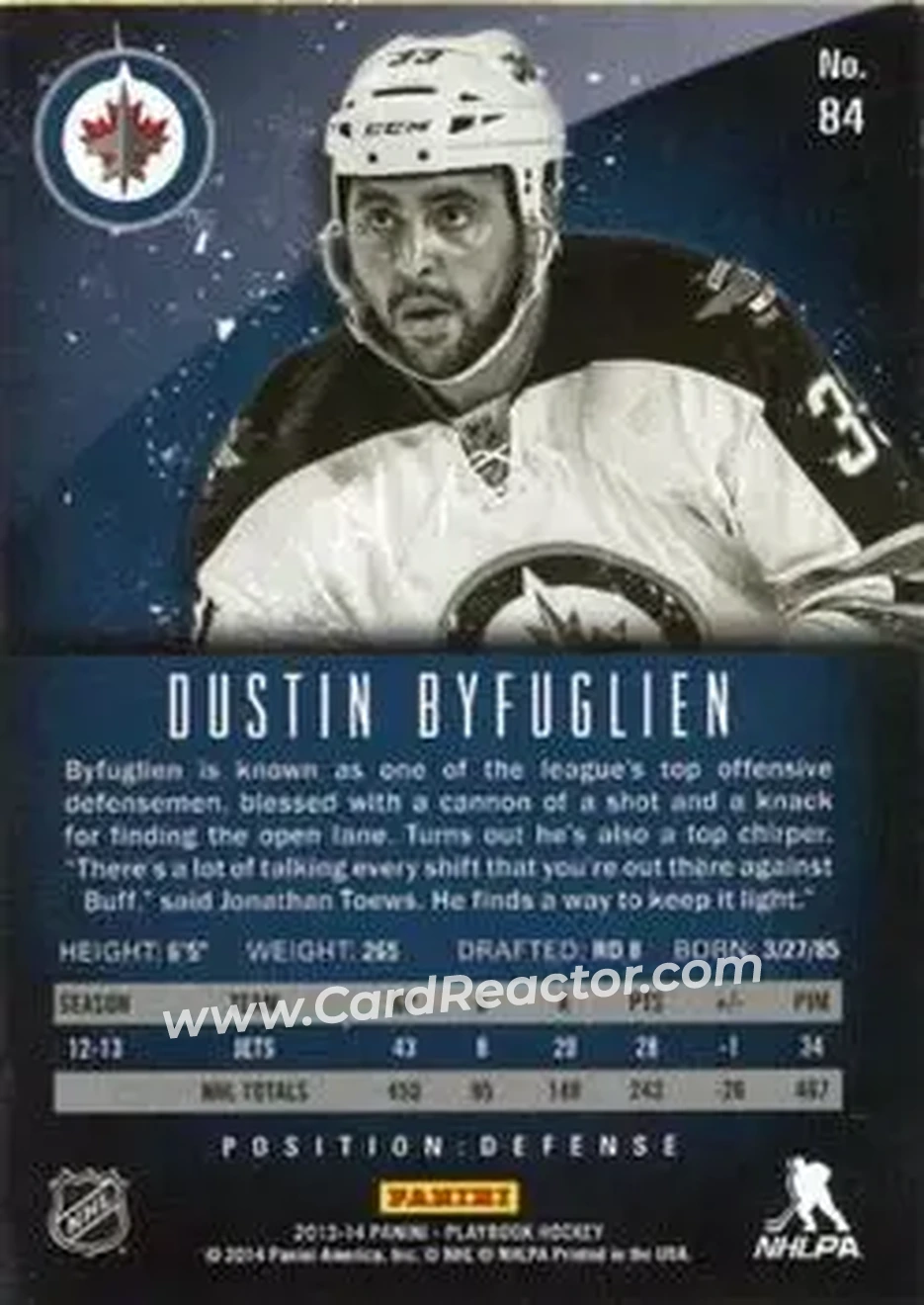 2013-14 Panini Playbook #84 - Dustin Byfuglien - Winnipeg Jets - Back