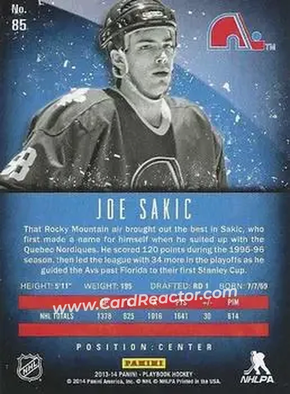 2013-14 Panini Playbook #85 - Joe Sakic - Quebec Nordiques - Back