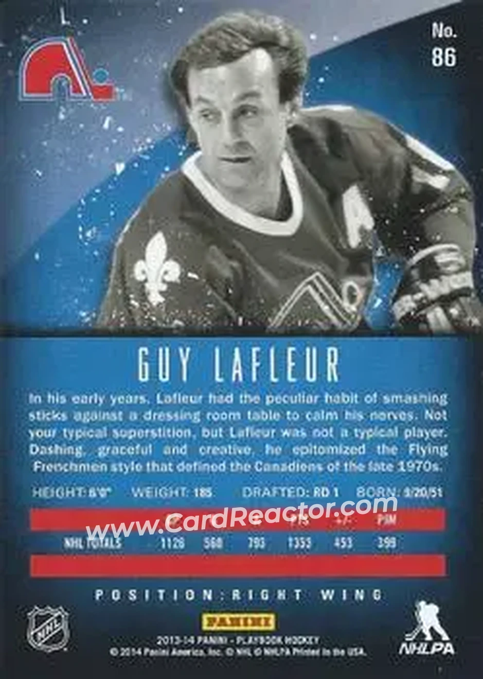 2013-14 Panini Playbook #86 - Guy Lafleur - Quebec Nordiques - Back