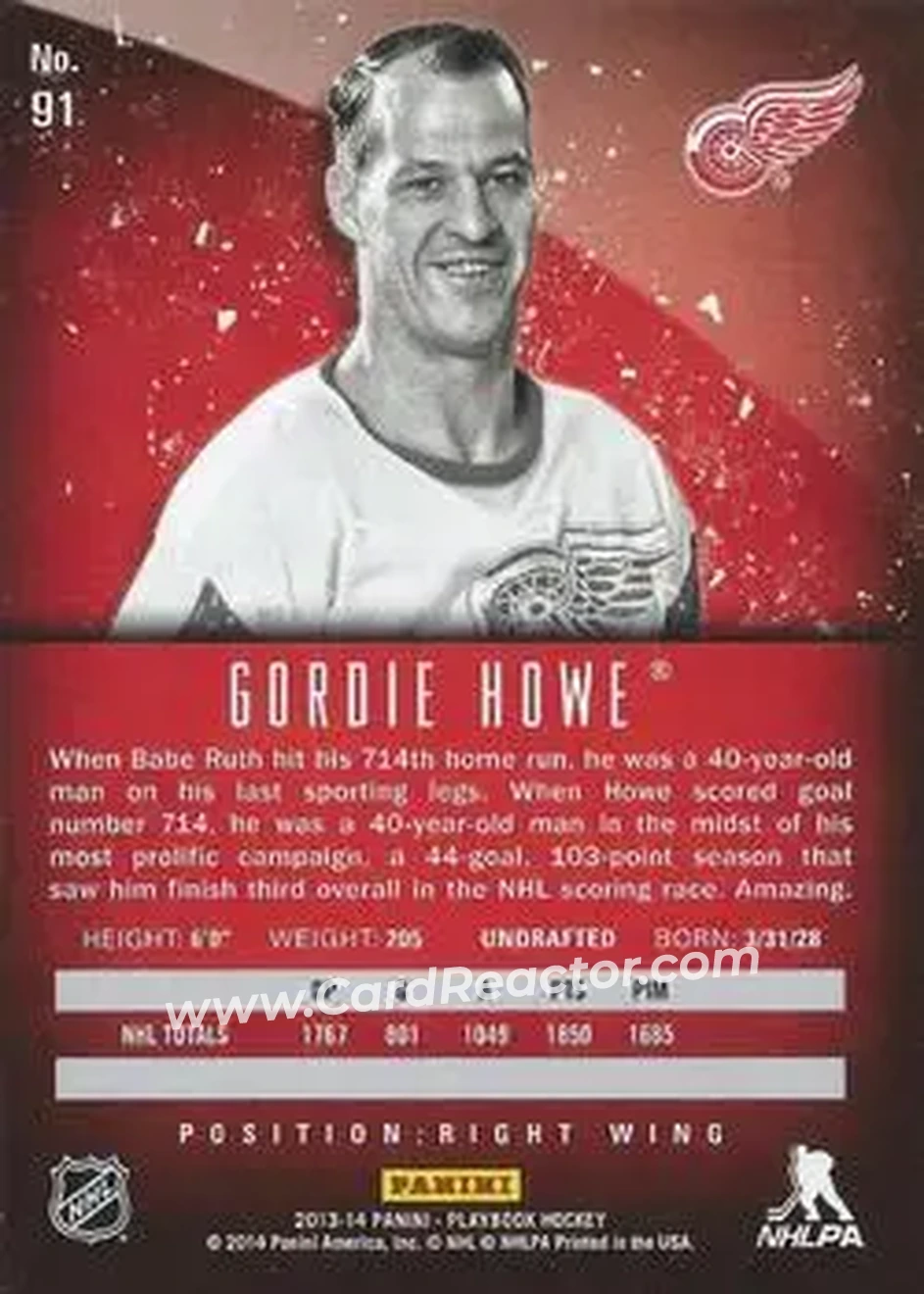 2013-14 Panini Playbook #91 - Gordie Howe - Detroit Red Wings - Back