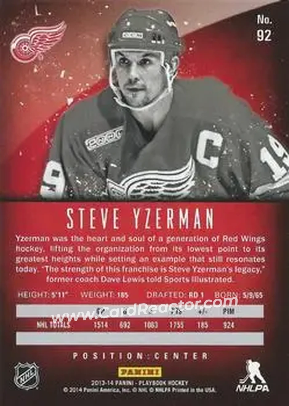 2013-14 Panini Playbook #92 - Steve Yzerman - Detroit Red Wings - Back