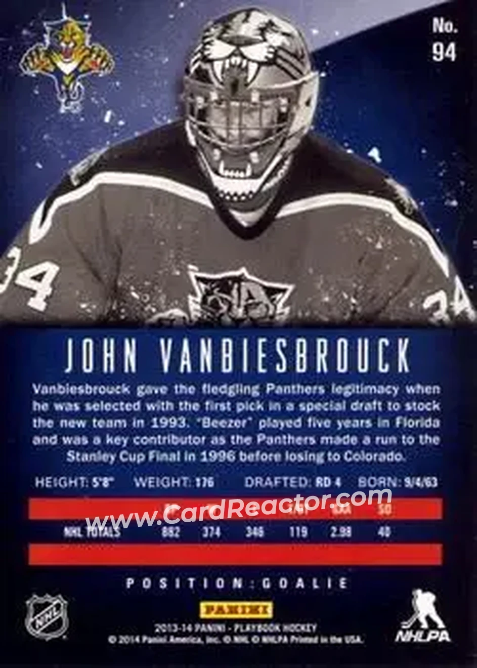 2013-14 Panini Playbook #94 - John Vanbiesbrouck - Florida Panthers - Back 2013-14 Panini Playbook #94 - John Vanbiesbrouck - Florida Panthers - Back