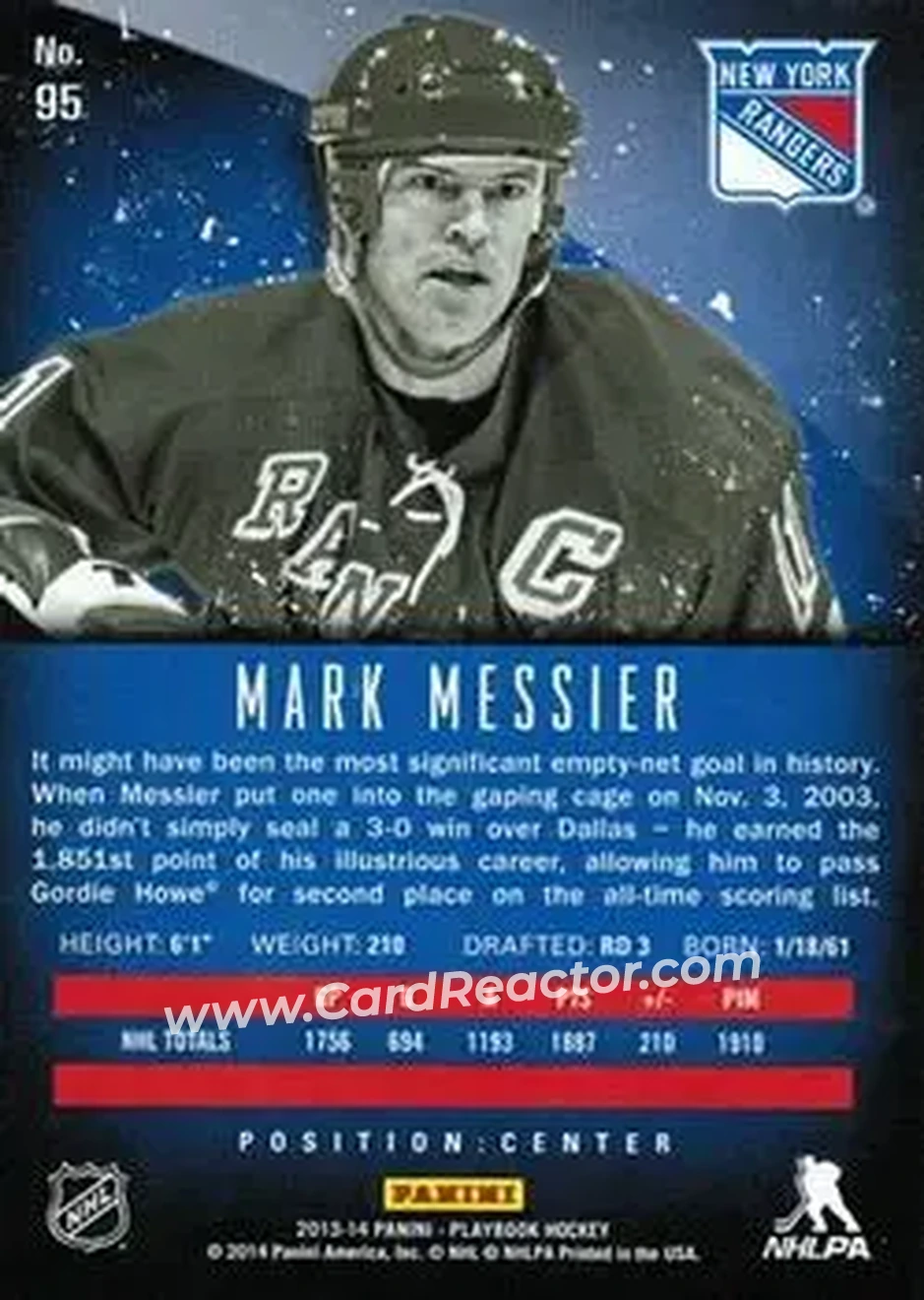 2013-14 Panini Playbook #95 - Mark Messier - New York Rangers - Back