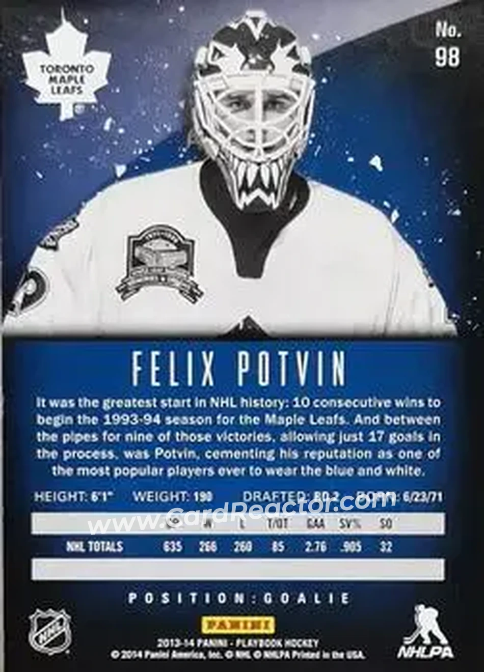 2013-14 Panini Playbook #98 - Felix Potvin - Toronto Maple Leafs - Back