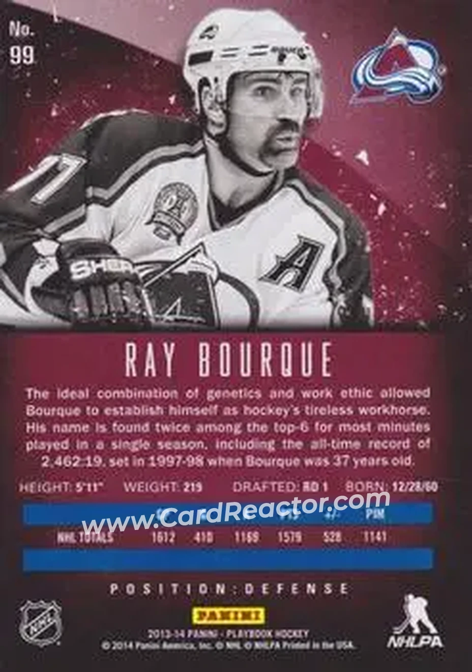 2013-14 Panini Playbook #99 - Ray Bourque - Colorado Avalanche - Back