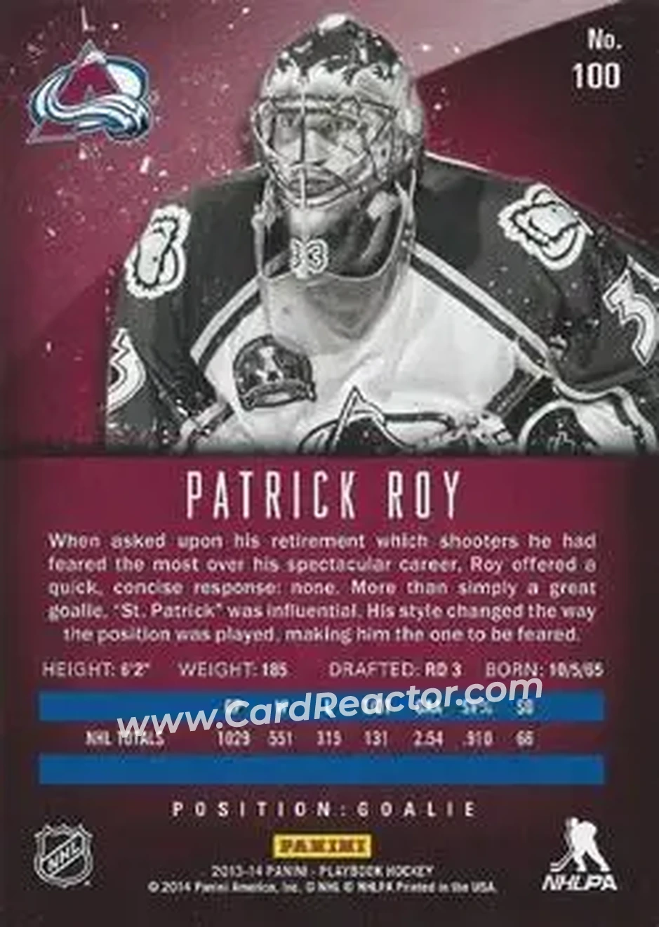 2013-14 Panini Playbook #100 - Patrick Roy - Colorado Avalanche - Back