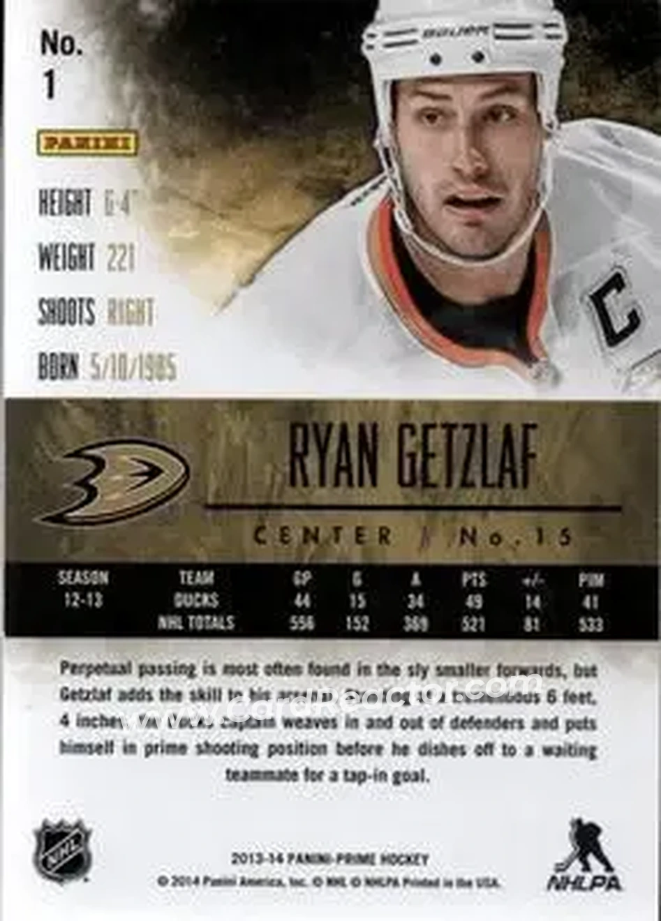 2013-14 Panini Prime #1 - Ryan Getzlaf - Anaheim Ducks - Back
