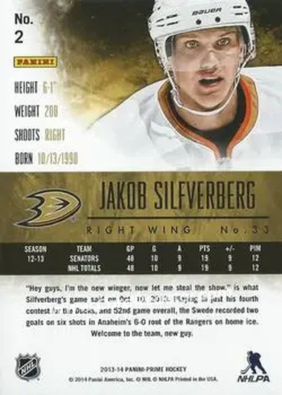 2013-14 Panini Prime #2 - Jakob Silfverberg - Anaheim Ducks - Back