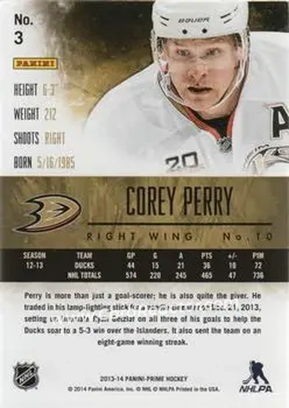 2013-14 Panini Prime #3 - Corey Perry - Anaheim Ducks - Back 2013-14 Panini Prime #3 - Corey Perry - Anaheim Ducks - Back
