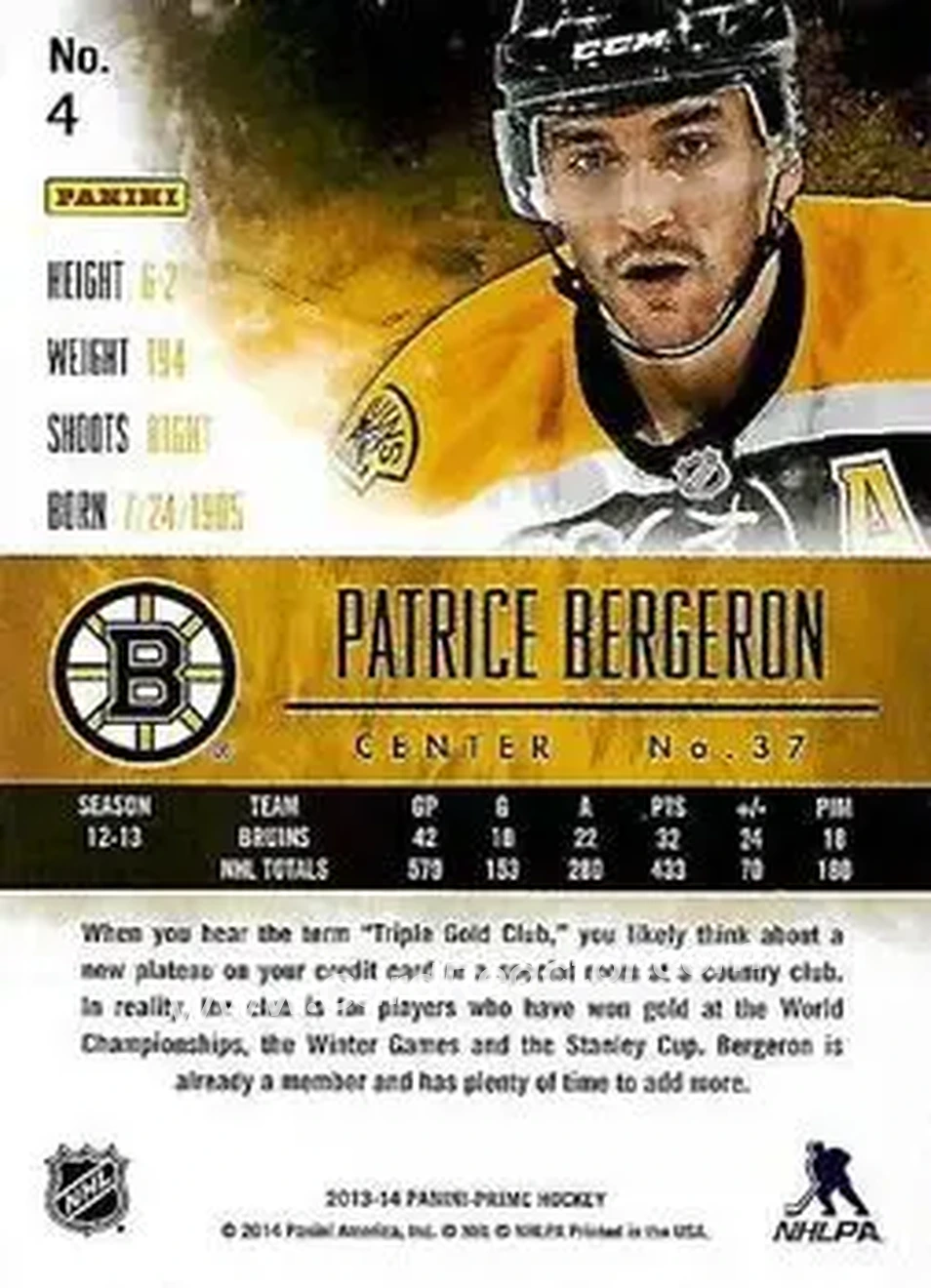 2013-14 Panini Prime #4 - Patrice Bergeron - Boston Bruins - Back