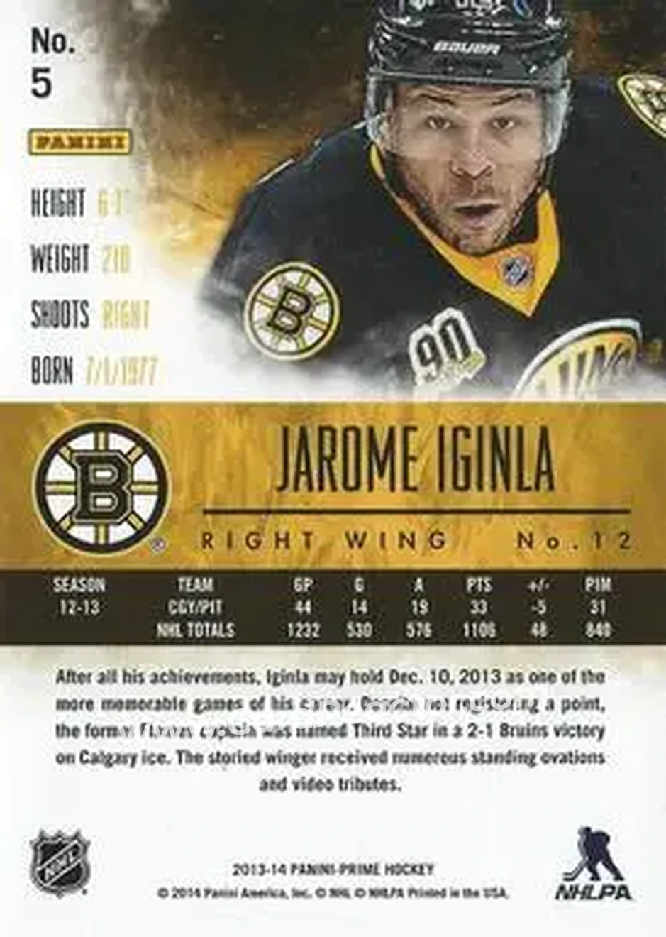 2013-14 Panini Prime #5 - Jarome Iginla - Boston Bruins - Back