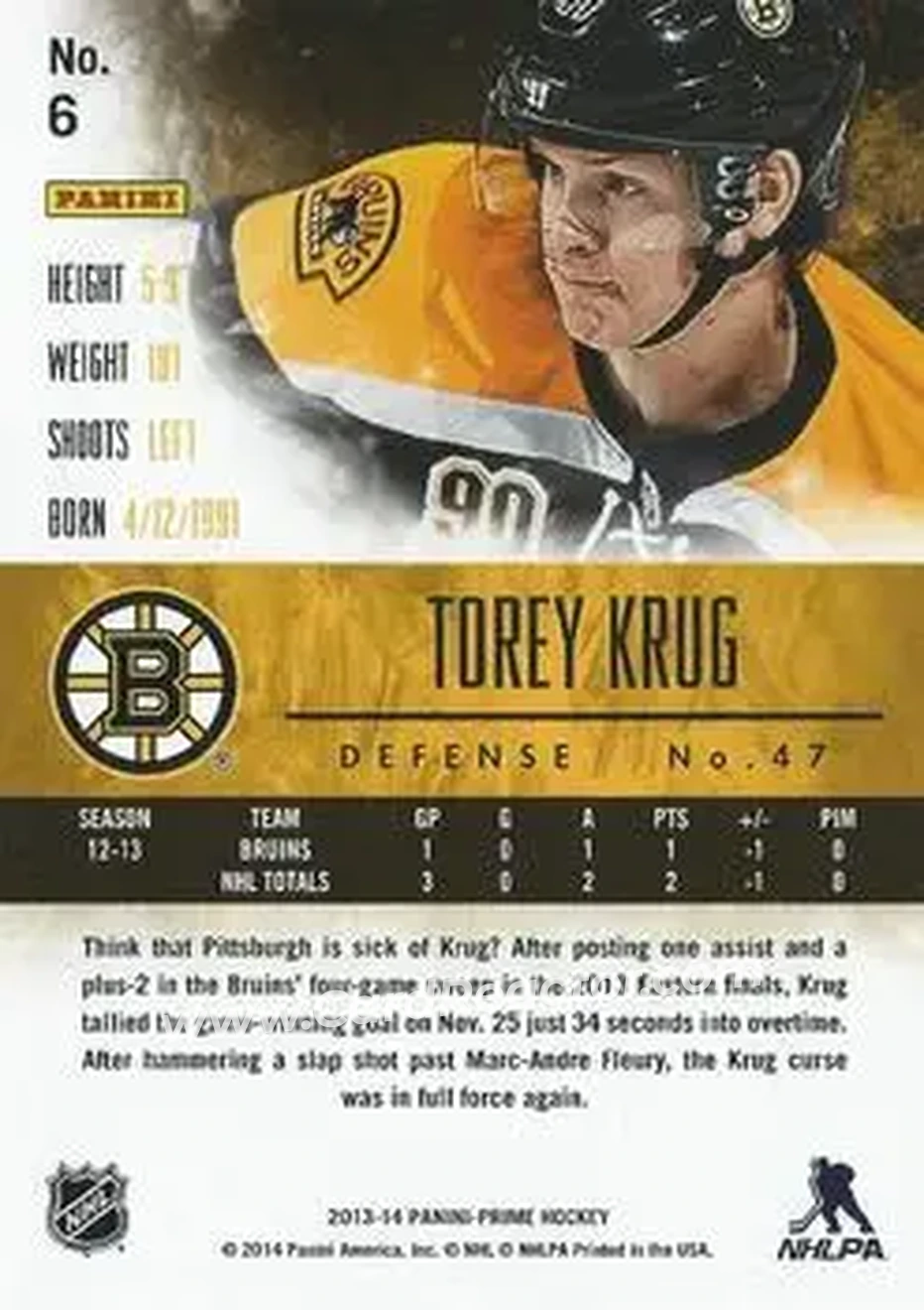 2013-14 Panini Prime #6 - Torey Krug - Boston Bruins - Back