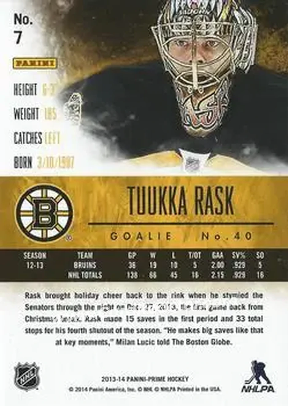 2013-14 Panini Prime #7 - Tuukka Rask - Boston Bruins - Back