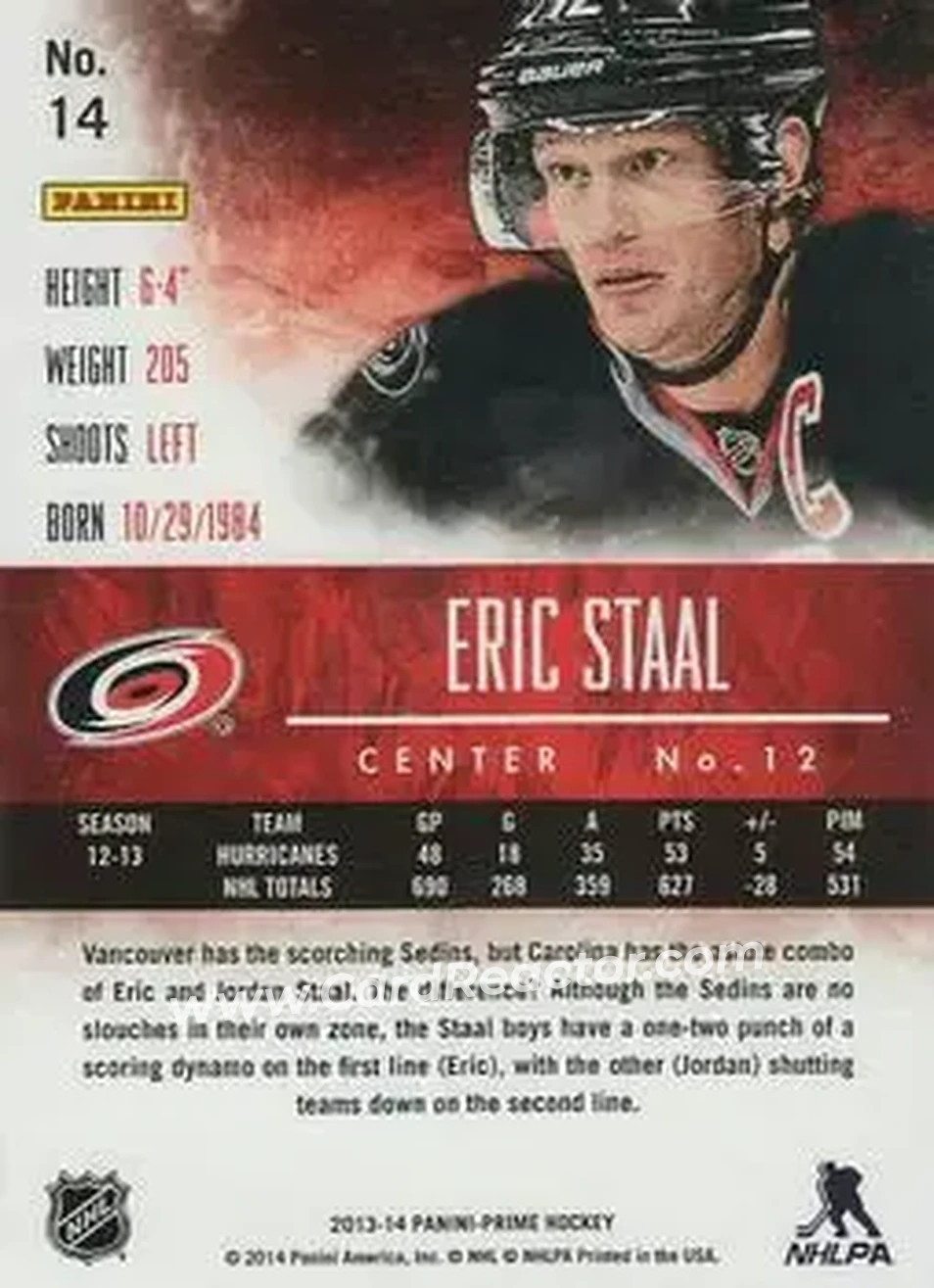 2013-14 Panini Prime #14 - Eric Staal - Carolina Hurricanes - Back