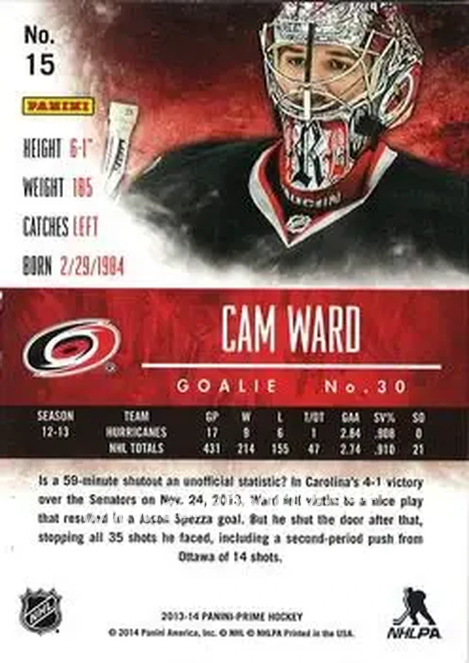 2013-14 Panini Prime #15 - Cam Ward - Carolina Hurricanes - Back
