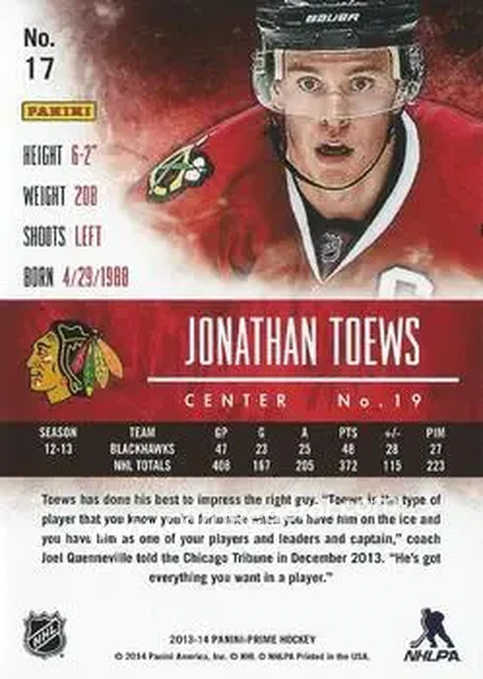 2013-14 Panini Prime #17 - Jonathan Toews - Chicago Blackhawks - Back