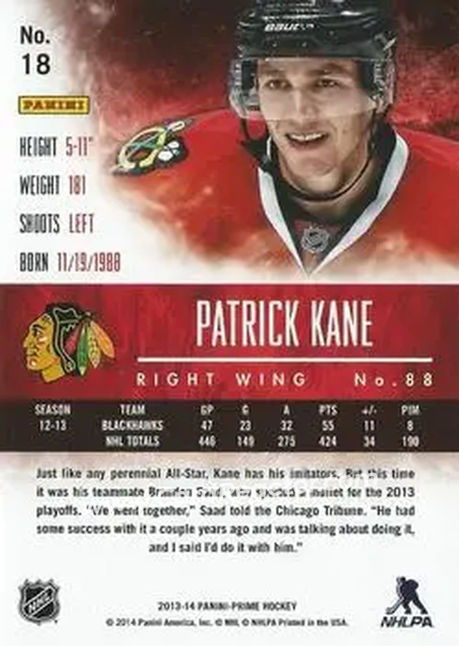 2013-14 Panini Prime #18 - Patrick Kane - Chicago Blackhawks - Back