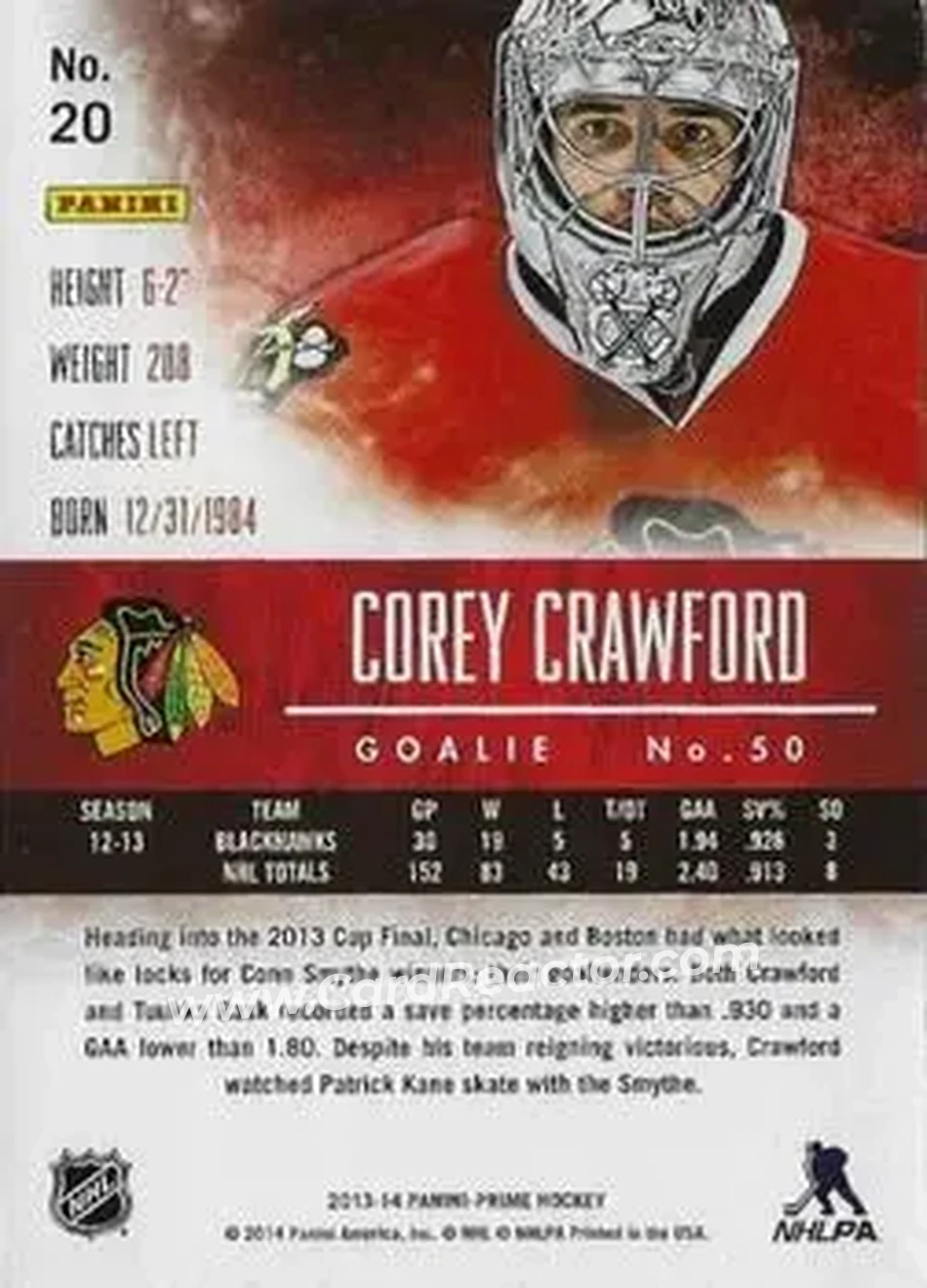 2013-14 Panini Prime #20 - Corey Crawford - Chicago Blackhawks - Back