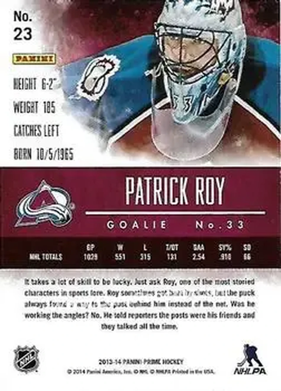 2013-14 Panini Prime #23 - Patrick Roy - Colorado Avalanche - Back