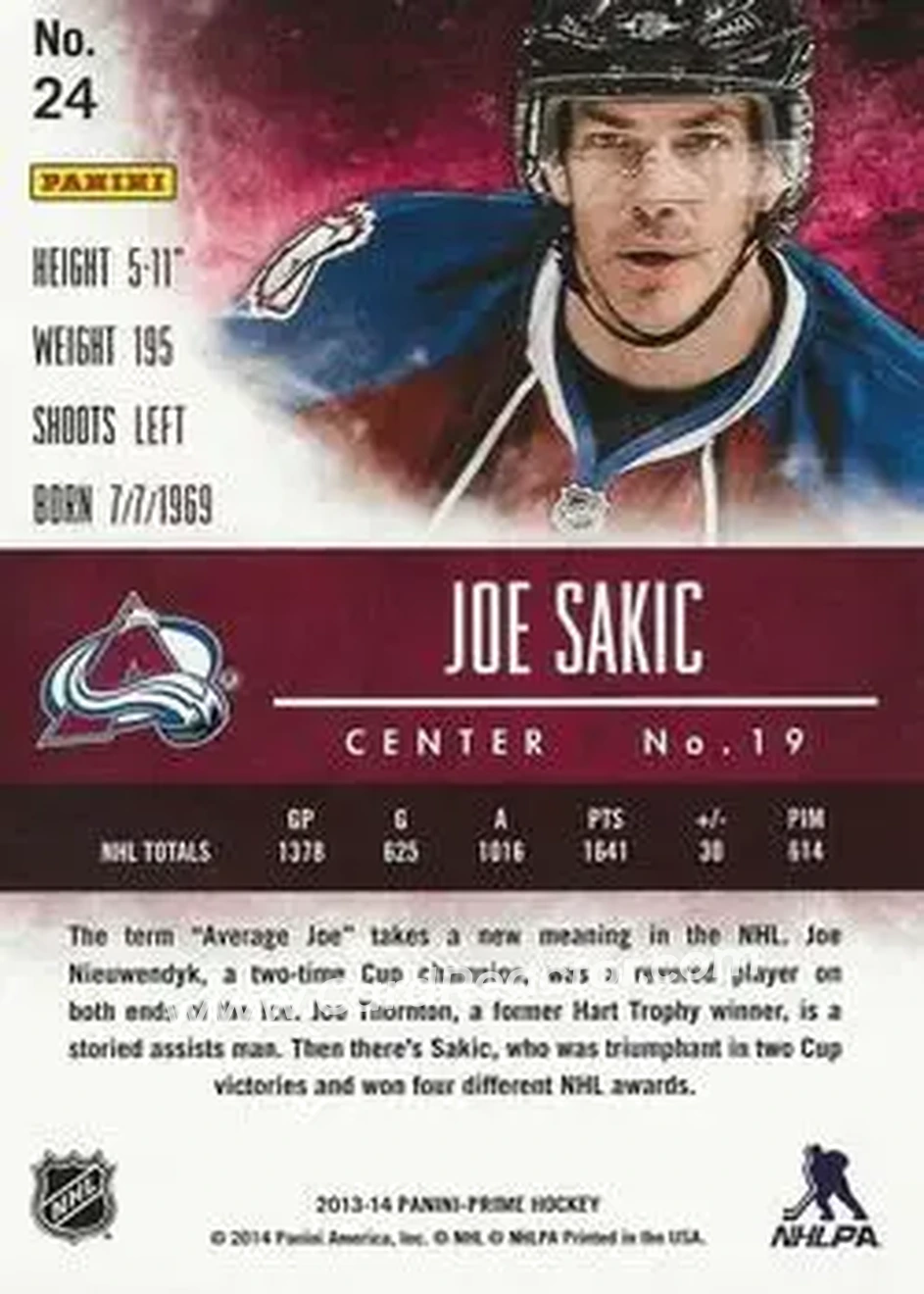 2013-14 Panini Prime #24 - Joe Sakic - Colorado Avalanche - Back 2013-14 Panini Prime #24 - Joe Sakic - Colorado Avalanche - Back