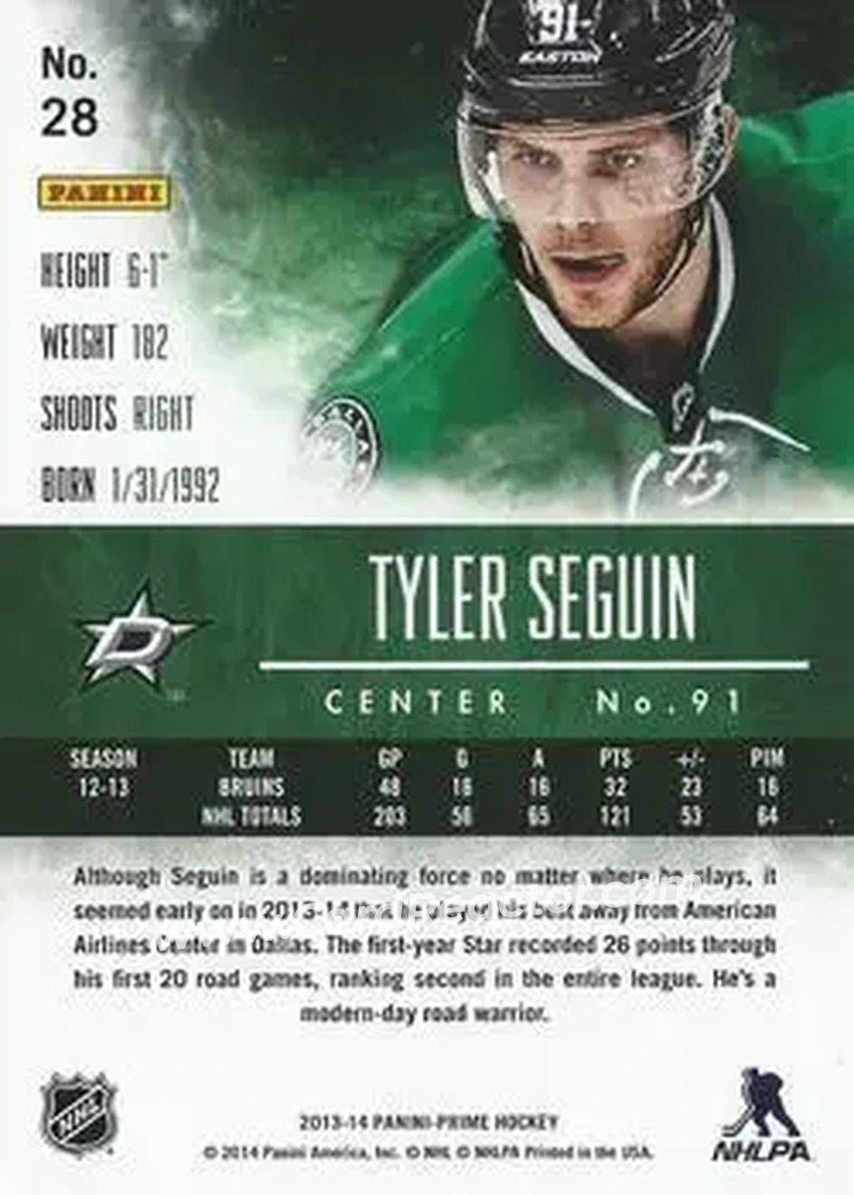 2013-14 Panini Prime #28 - Tyler Seguin - Dallas Stars - Back