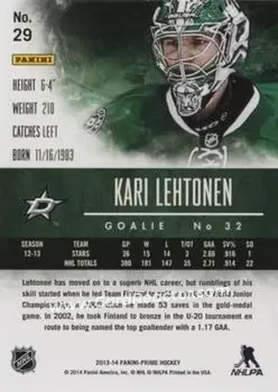 2013-14 Panini Prime #29 - Kari Lehtonen - Dallas Stars - Back