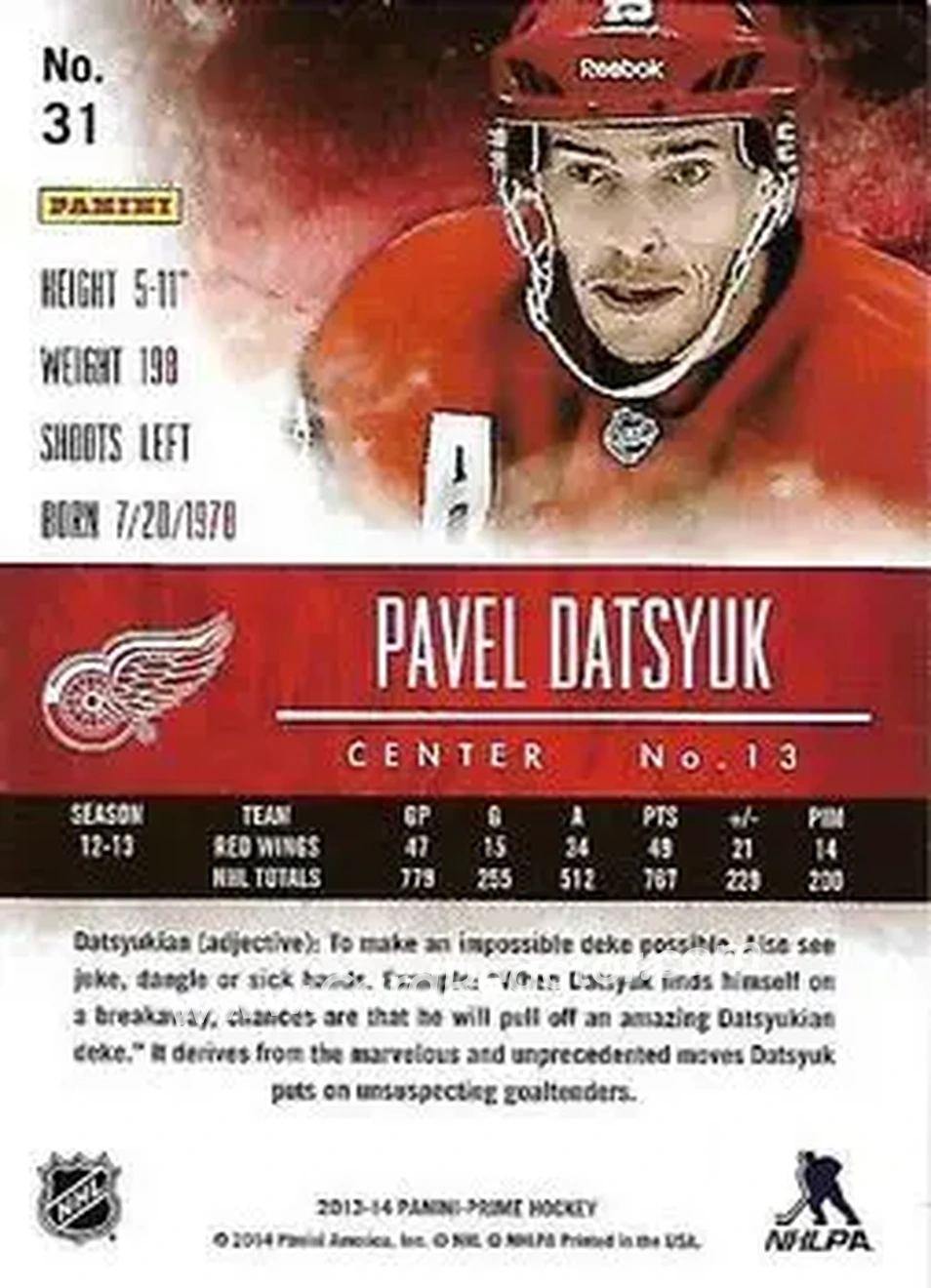2013-14 Panini Prime #31 - Pavel Datsyuk - Detroit Red Wings - Back 2013-14 Panini Prime #31 - Pavel Datsyuk - Detroit Red Wings - Back