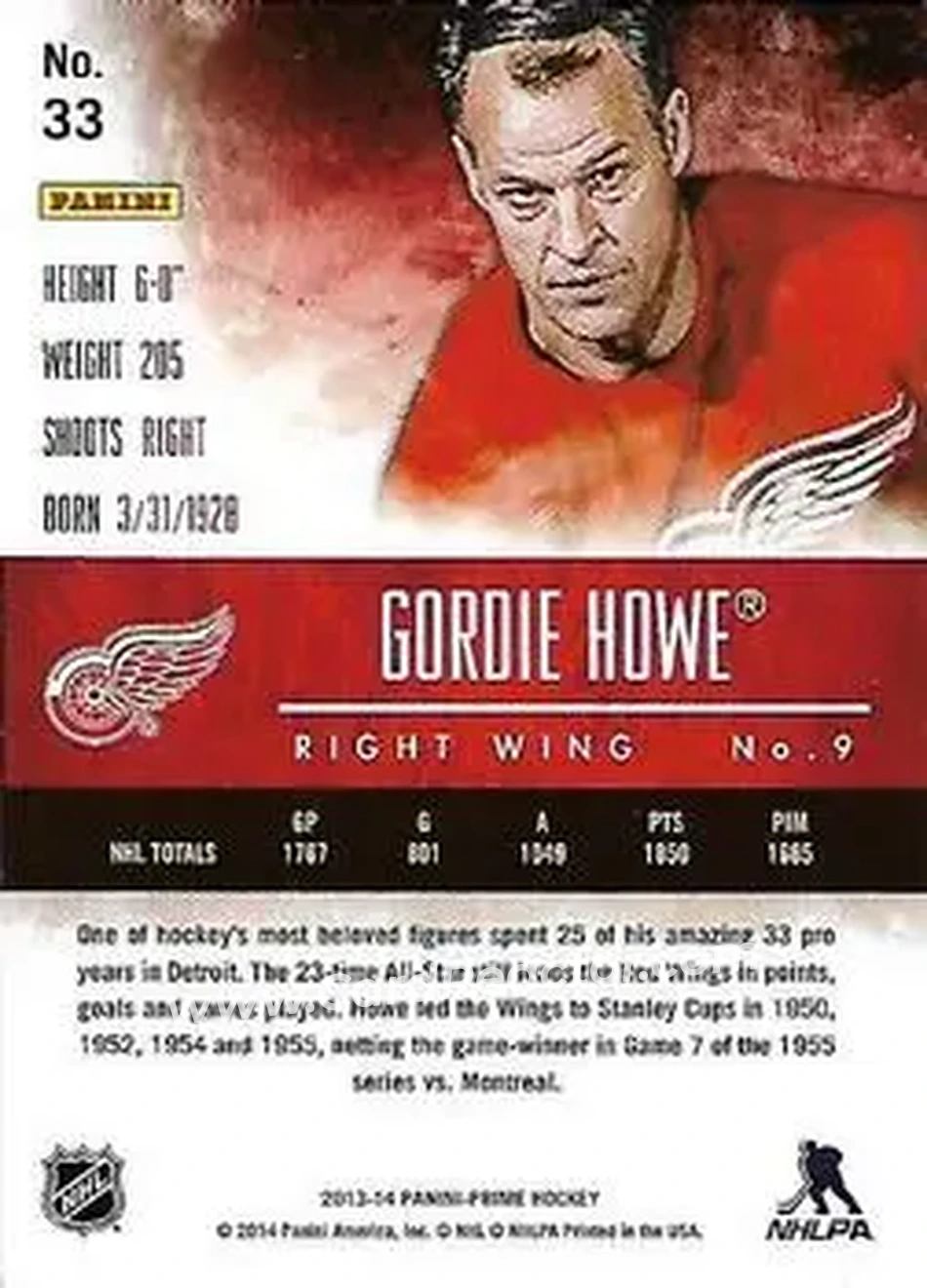 2013-14 Panini Prime #33 - Gordie Howe - Detroit Red Wings - Back