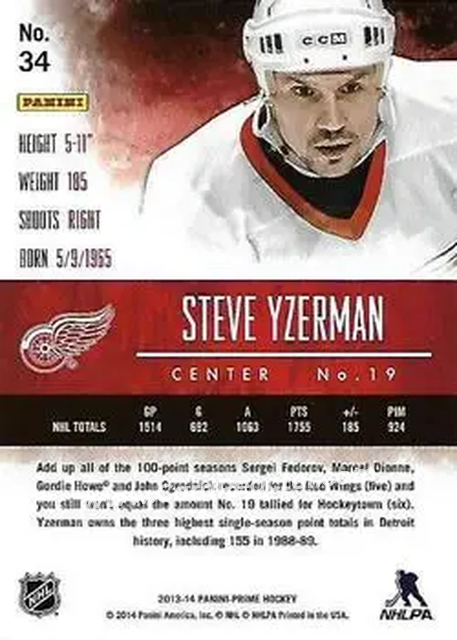 2013-14 Panini Prime #34 - Steve Yzerman - Detroit Red Wings - Back