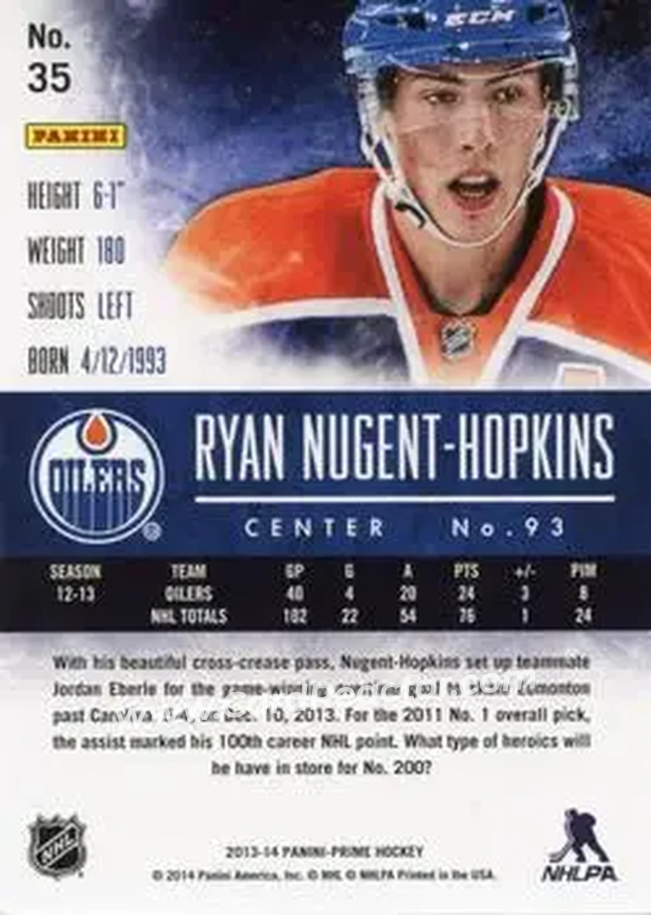 2013-14 Panini Prime #35 - Ryan Nugent-Hopkins - Edmonton Oilers - Back