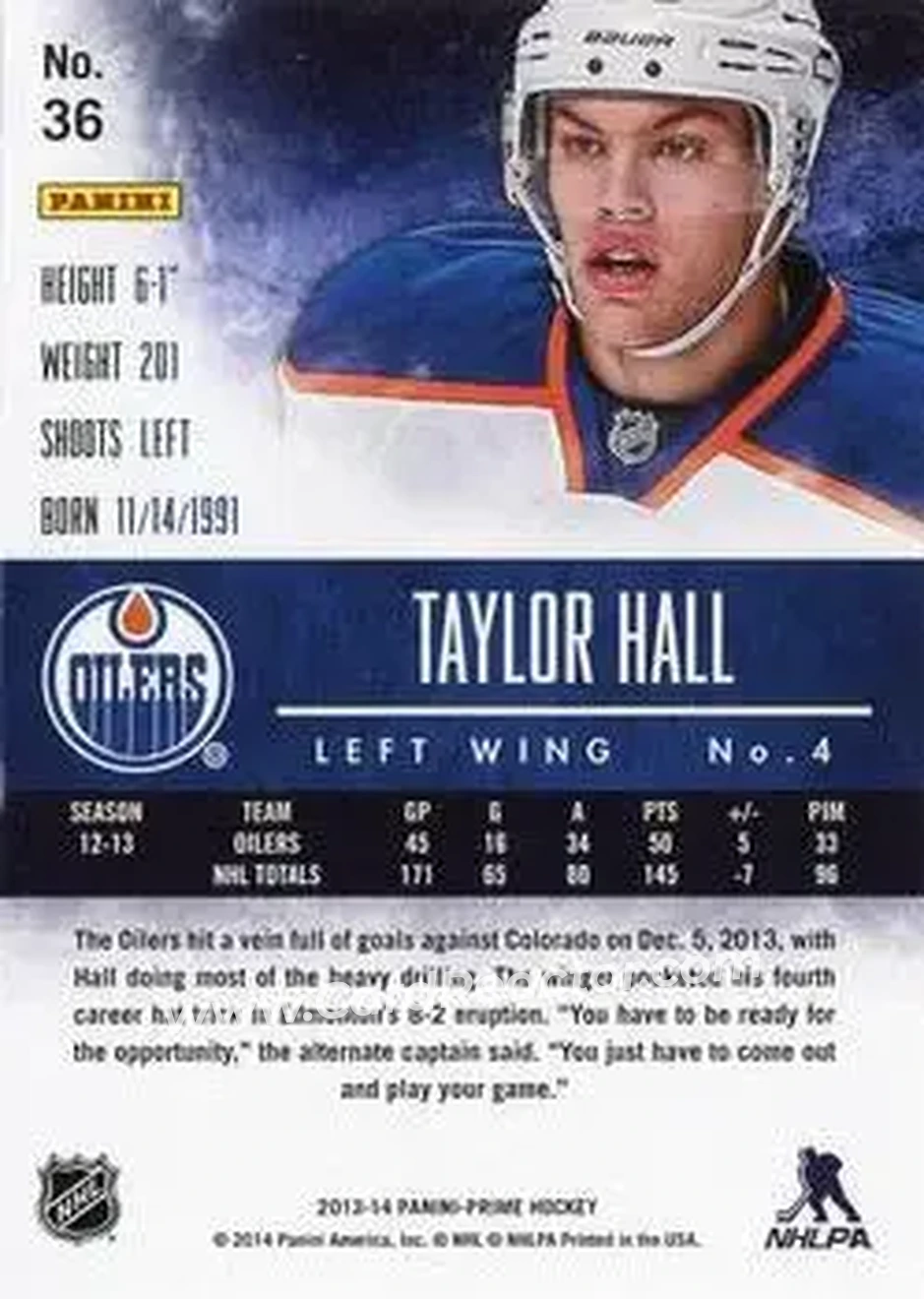 2013-14 Panini Prime #36 - Taylor Hall - Edmonton Oilers - Back