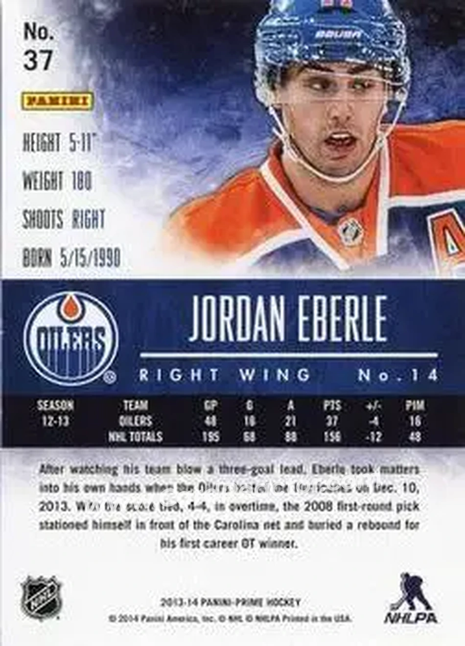 2013-14 Panini Prime #37 - Jordan Eberle - Edmonton Oilers - Back