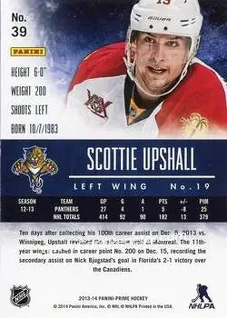 2013-14 Panini Prime #39 - Scottie Upshall - Florida Panthers - Back