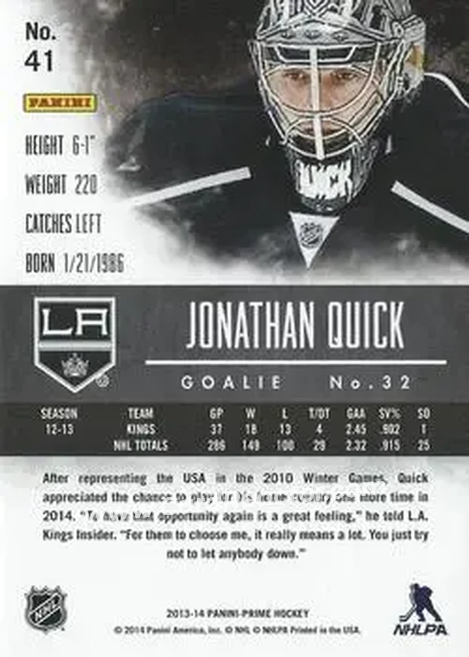 2013-14 Panini Prime #41 - Jonathan Quick - Los Angeles Kings - Back