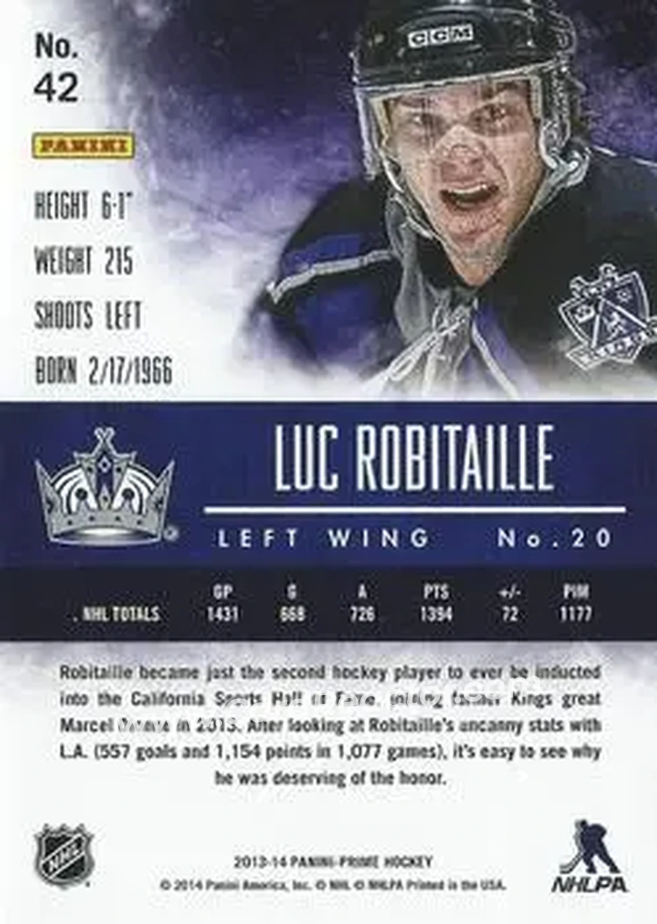 2013-14 Panini Prime #42 - Luc Robitaille - Los Angeles Kings - Back