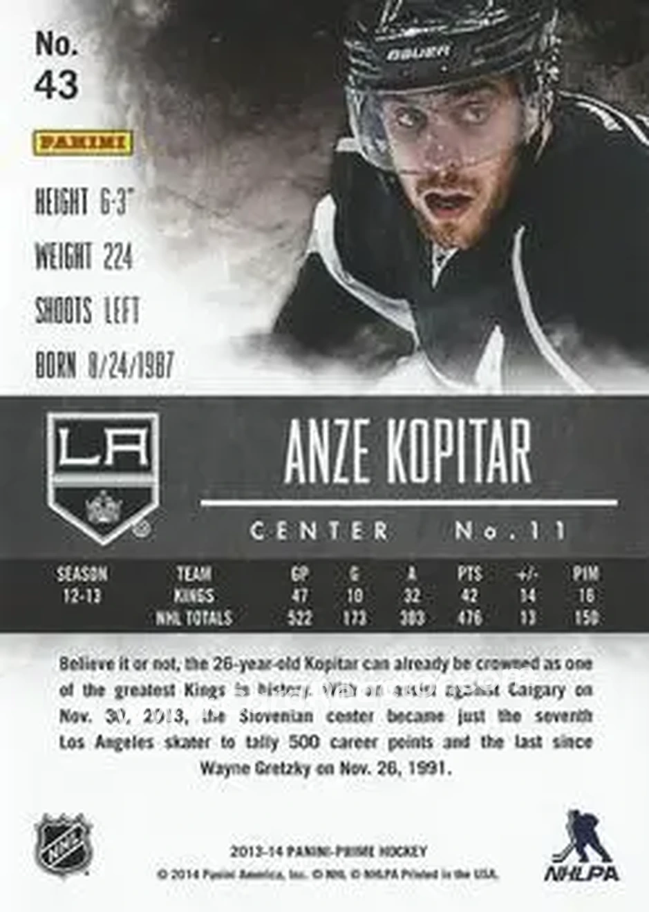 2013-14 Panini Prime #43 - Anze Kopitar - Los Angeles Kings - Back