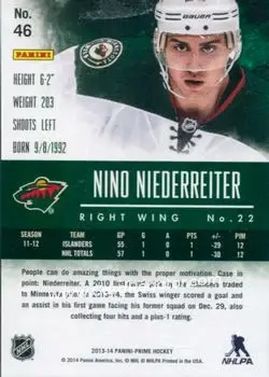 2013-14 Panini Prime #46 - Nino Niederreiter - Minnesota Wild - Back