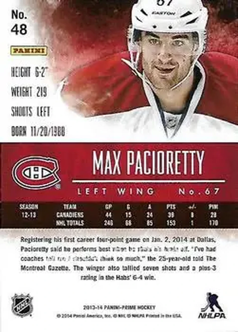 2013-14 Panini Prime #48 - Max Pacioretty - Montreal Canadiens - Back