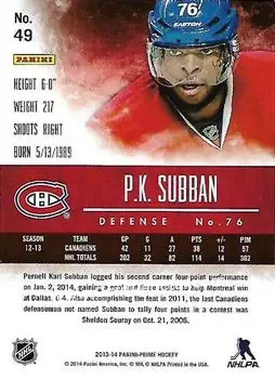 2013-14 Panini Prime #49 - P.K. Subban - Montreal Canadiens - Back