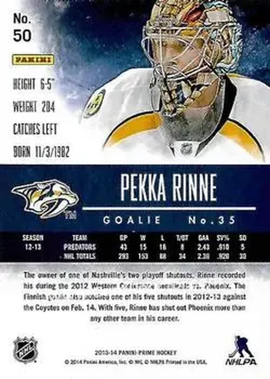 2013-14 Panini Prime #50 - Pekka Rinne - Nashville Predators - Back