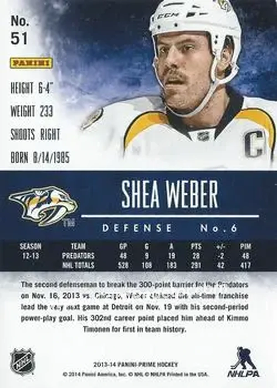 2013-14 Panini Prime #51 - Shea Weber - Nashville Predators - Back 2013-14 Panini Prime #51 - Shea Weber - Nashville Predators - Back