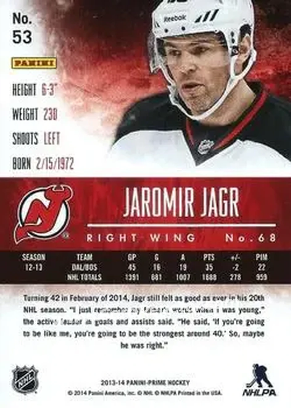 2013-14 Panini Prime #53 - Jaromir Jagr - New Jersey Devils - Back 2013-14 Panini Prime #53 - Jaromir Jagr - New Jersey Devils - Back