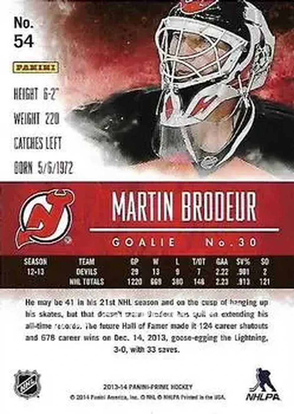 2013-14 Panini Prime #54 - Martin Brodeur - New Jersey Devils - Back