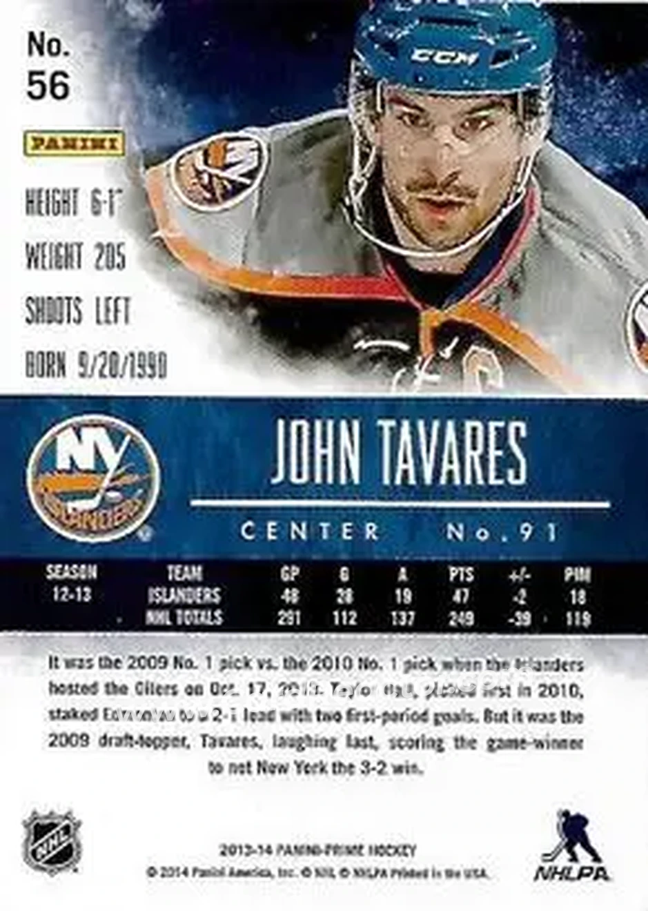 2013-14 Panini Prime #56 - John Tavares - New York Islanders - Back