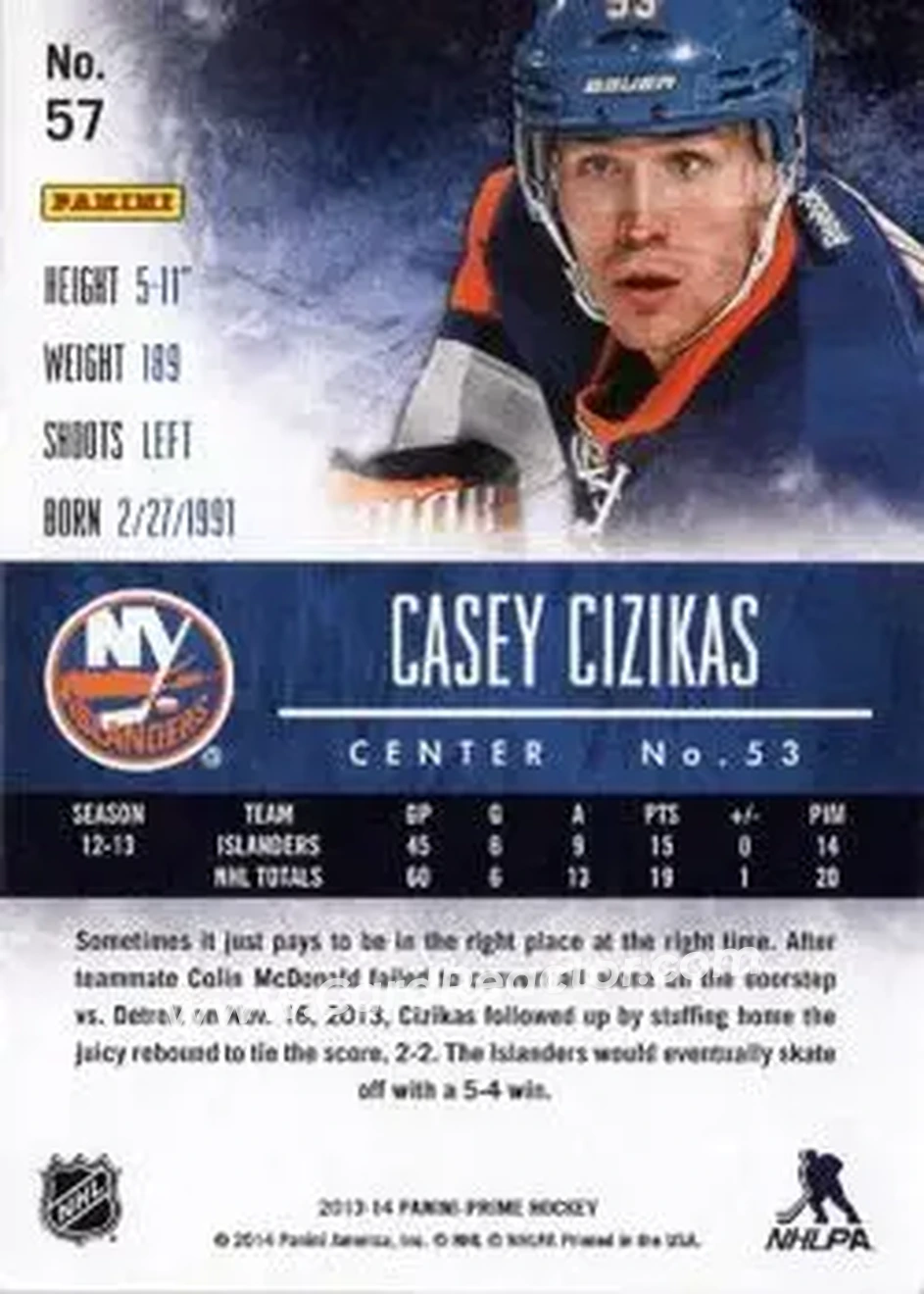 2013-14 Panini Prime #57 - Casey Cizikas - New York Islanders - Back