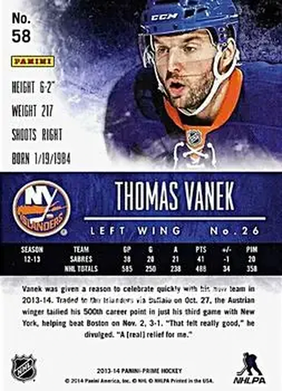 2013-14 Panini Prime #58 - Thomas Vanek - New York Islanders - Back