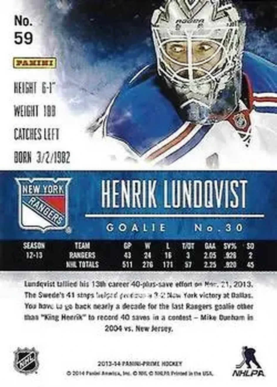2013-14 Panini Prime #59 - Henrik Lundqvist - New York Rangers - Back