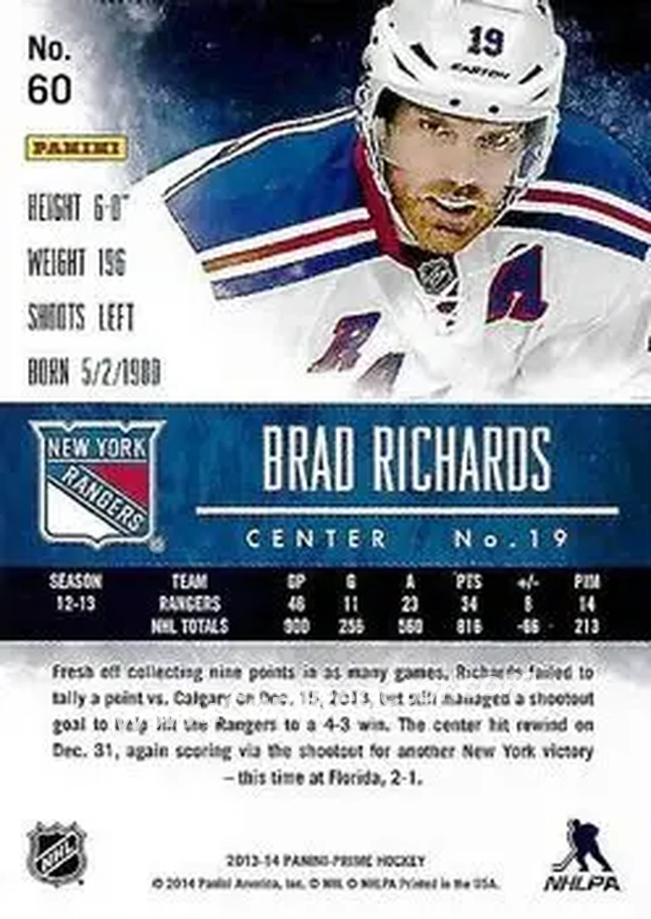 2013-14 Panini Prime #60 - Brad Richards - New York Rangers - Back