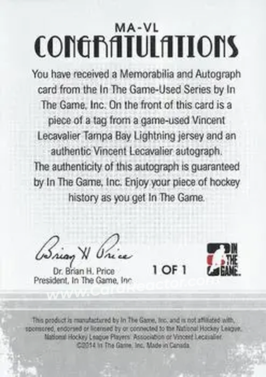 2013-14 In The Game Used - Memorabilia and Autograph #MA-VL - Vincent Lecavalier - Tampa Bay Lightning - Back