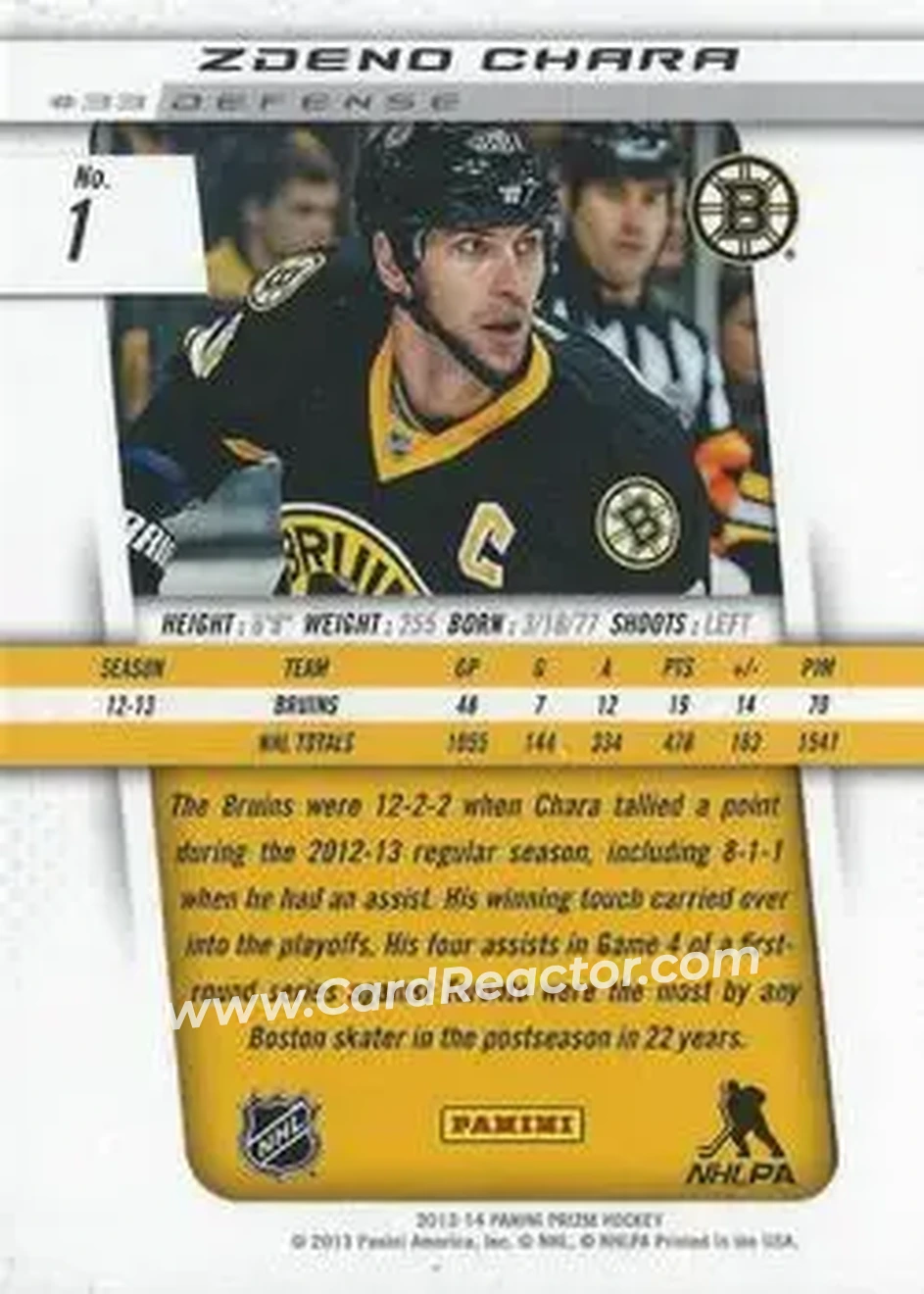 2013-14 Panini Prizm #1 - Zdeno Chara - Boston Bruins - Back